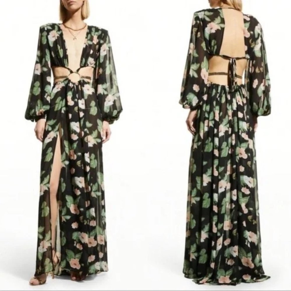 Bronx And Banco Floral-Print Cutout Gown w/ Slit